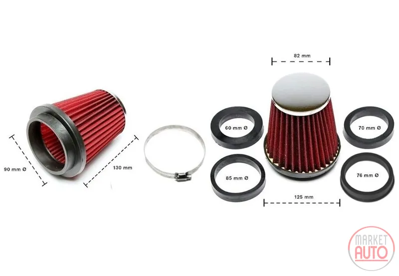Filtro de aire deportivo Ø90mm rojo con cubierta de cromo